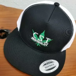 a black and white hat with white and green text